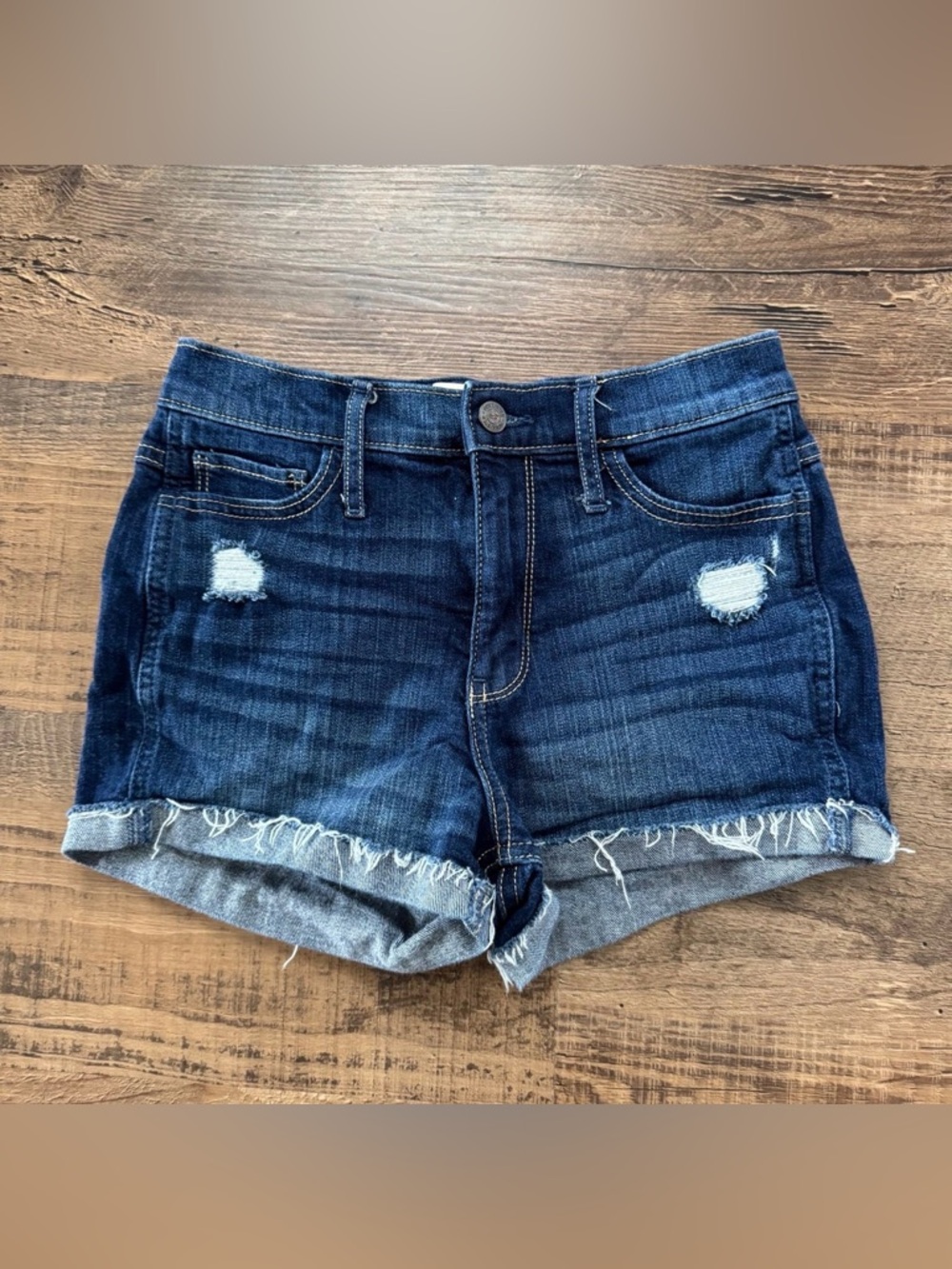 Hollister Denim Shorts 25 Waist High Rise Dark Blue Wash Jean Distressed Sexy